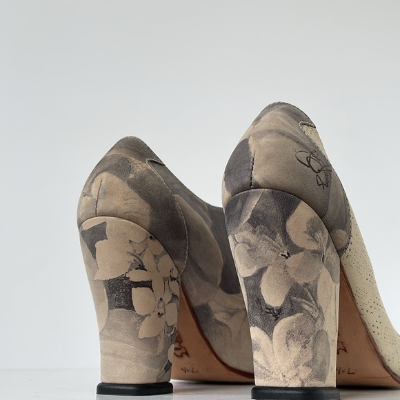 John Fluevog Vintage Floral Leather Booties Block Heel Size 7.5 Rare Art Deco - Picture 7 of 11